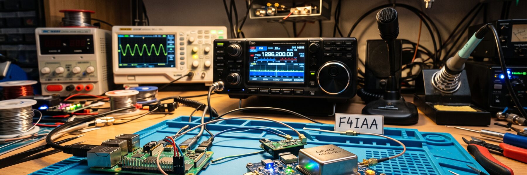 L'Icom IC-9700 en arrière-plan avec un Raspberry Pi dans son boîtier officiel rouge et blanc et le GPSDO BH3SAP dans un boîtier métallique noir sur un établi d'atelier radio.