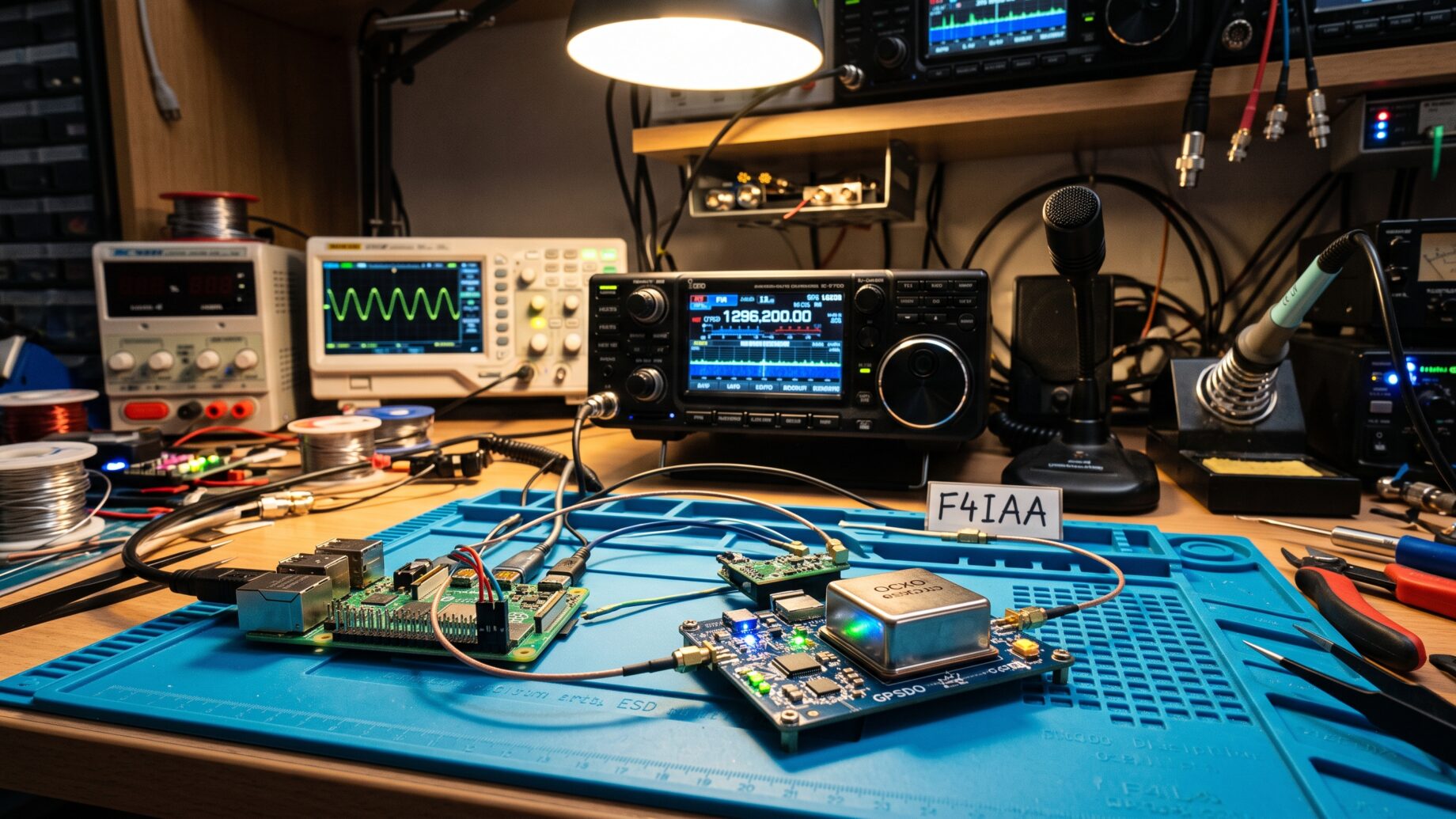 L'Icom IC-9700 en arrière-plan avec un Raspberry Pi dans son boîtier officiel rouge et blanc et le GPSDO BH3SAP dans un boîtier métallique noir sur un établi d'atelier radio.